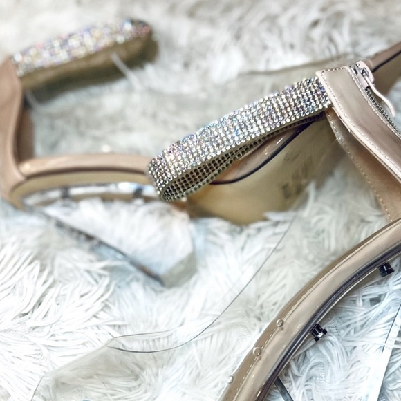 UNIQUE NUDE GLAM RHINESTONE LUCITE HEELS - Picture 2 of 9